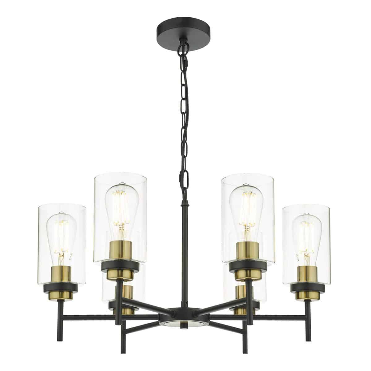 Dar Abel Modern 6 Light Pendant Chandelier Satin Black / Brass