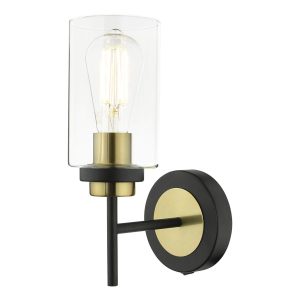 Abel modern single switched wall light in satin black and brass on white background