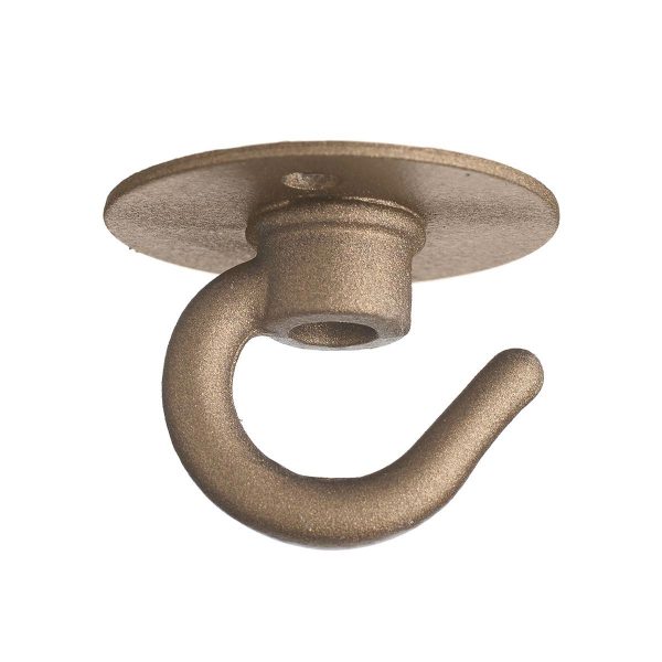 Small metallic bronze finish single cable hook for pendant lights on white background