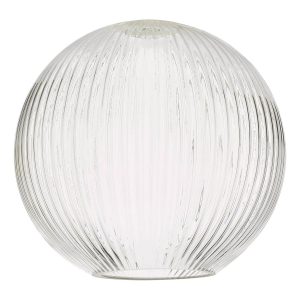 Clear ribbed glass globe ceiling lamp shade for E27 lamp holder on white background