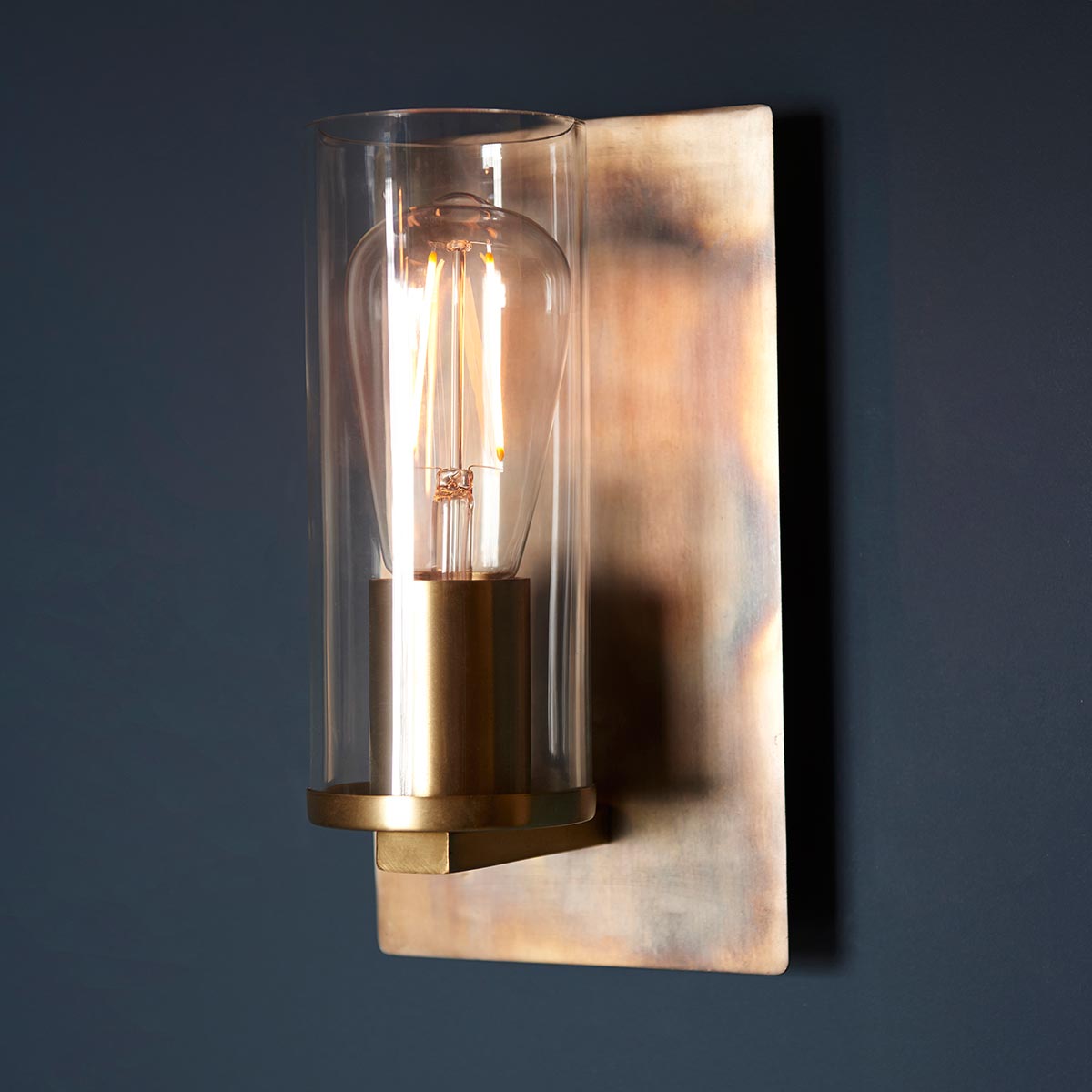 Classic Aged Bronze Patina Single Wall Light Clear Cylinder Glass Shade