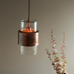Classic aged copper patina single light pendant with clear glass shade main image