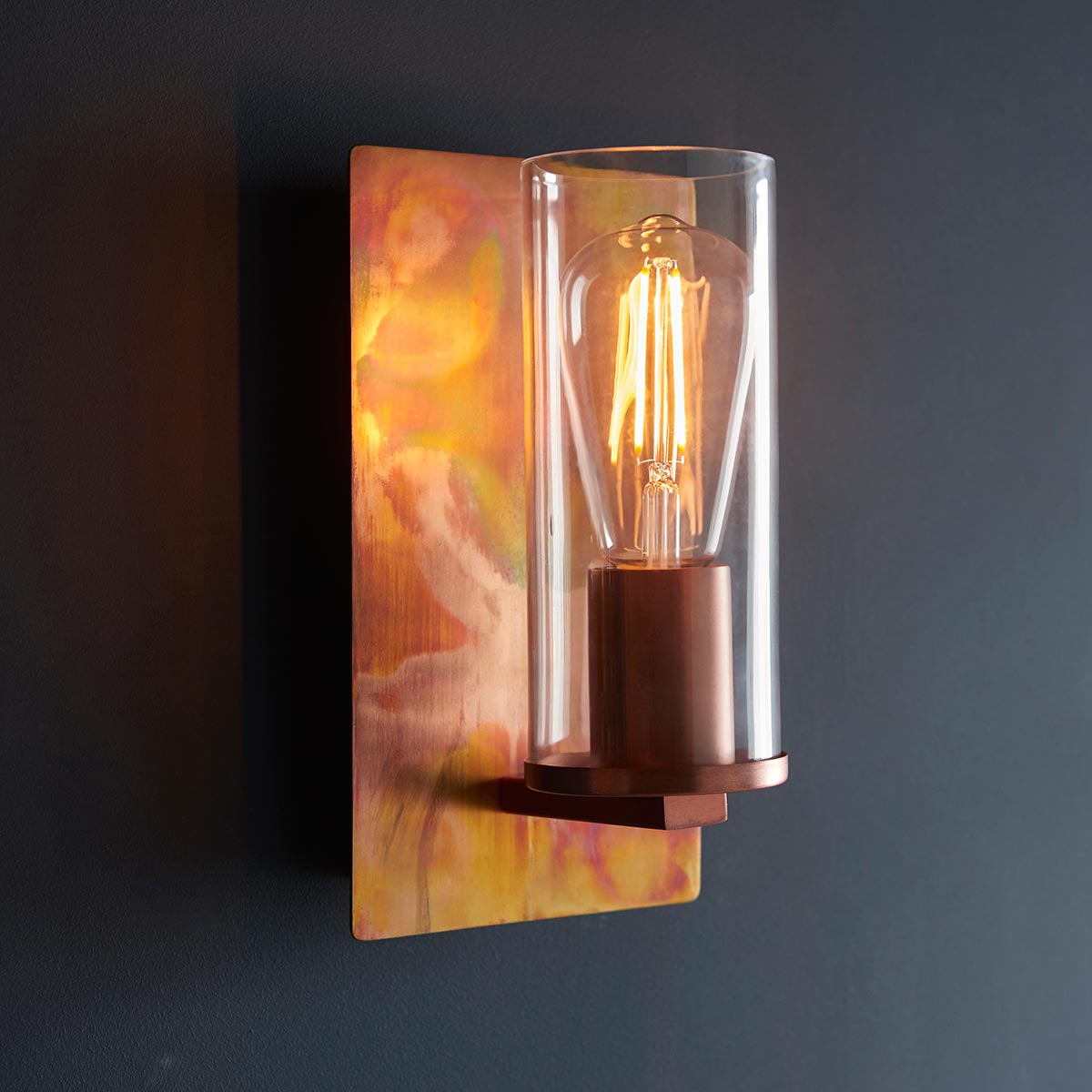 Classic Aged Copper Patina Single Wall Light Clear Cylinder Glass Shade