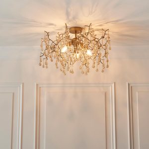 Aged gold branch 3 light semi flush ceiling light with champagne glass drops main image