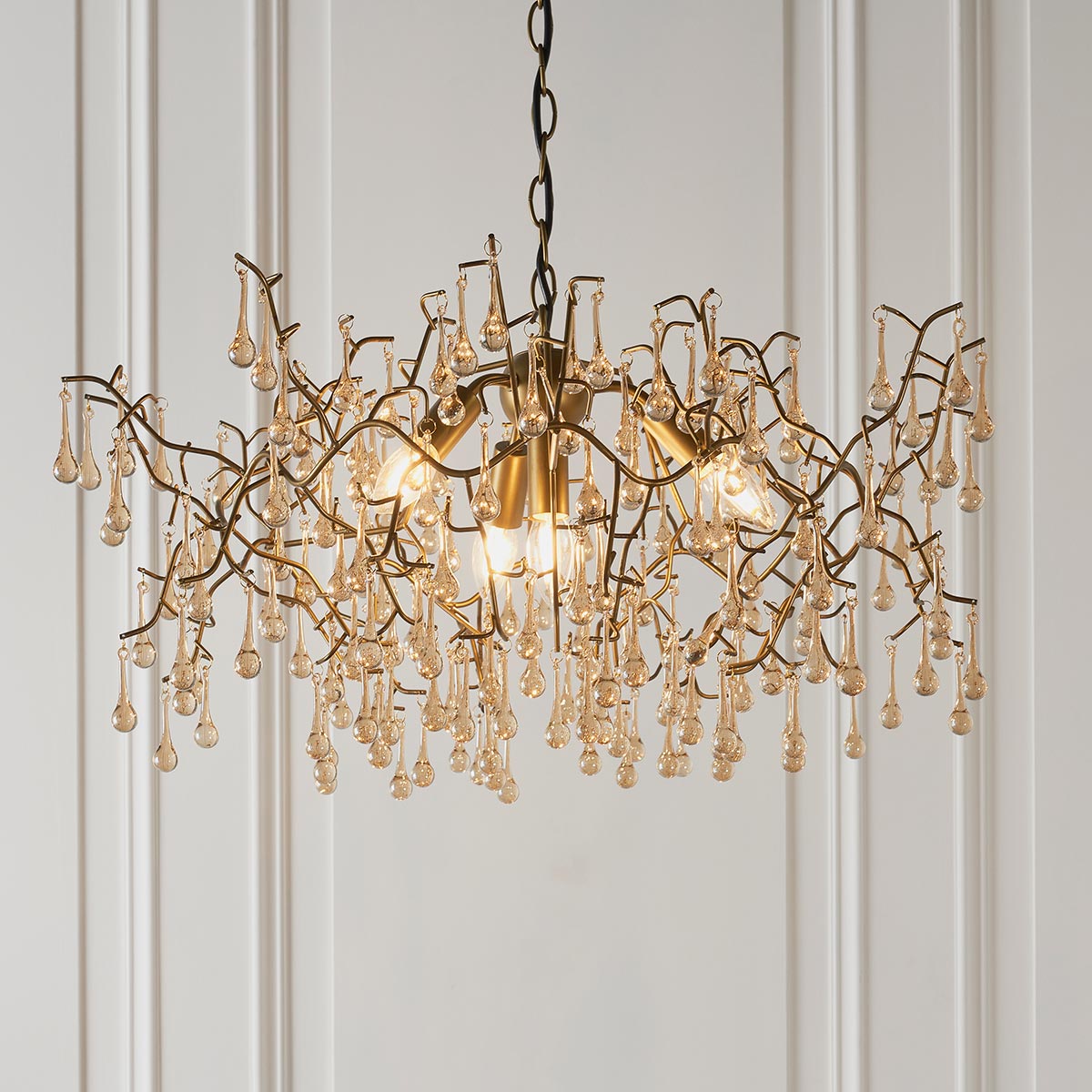 Aged Gold Finish Branch 4 Light Chandelier With Champagne Glass Drops