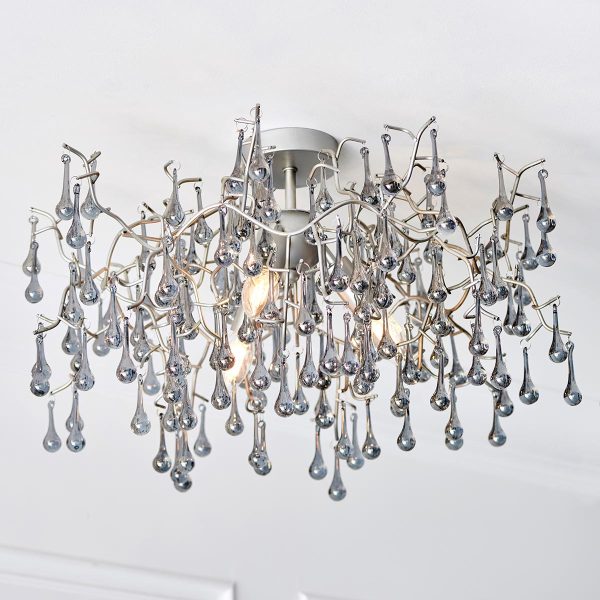 Aged silver branch 3 light semi flush ceiling light with smoked glass drops fitted and lit