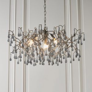 Aged silver branch 4 light chandelier with grey smoked glass drops main image