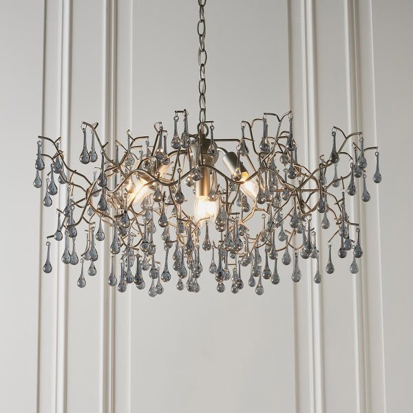 Aged silver branch 4 light chandelier with grey smoked glass drops main image