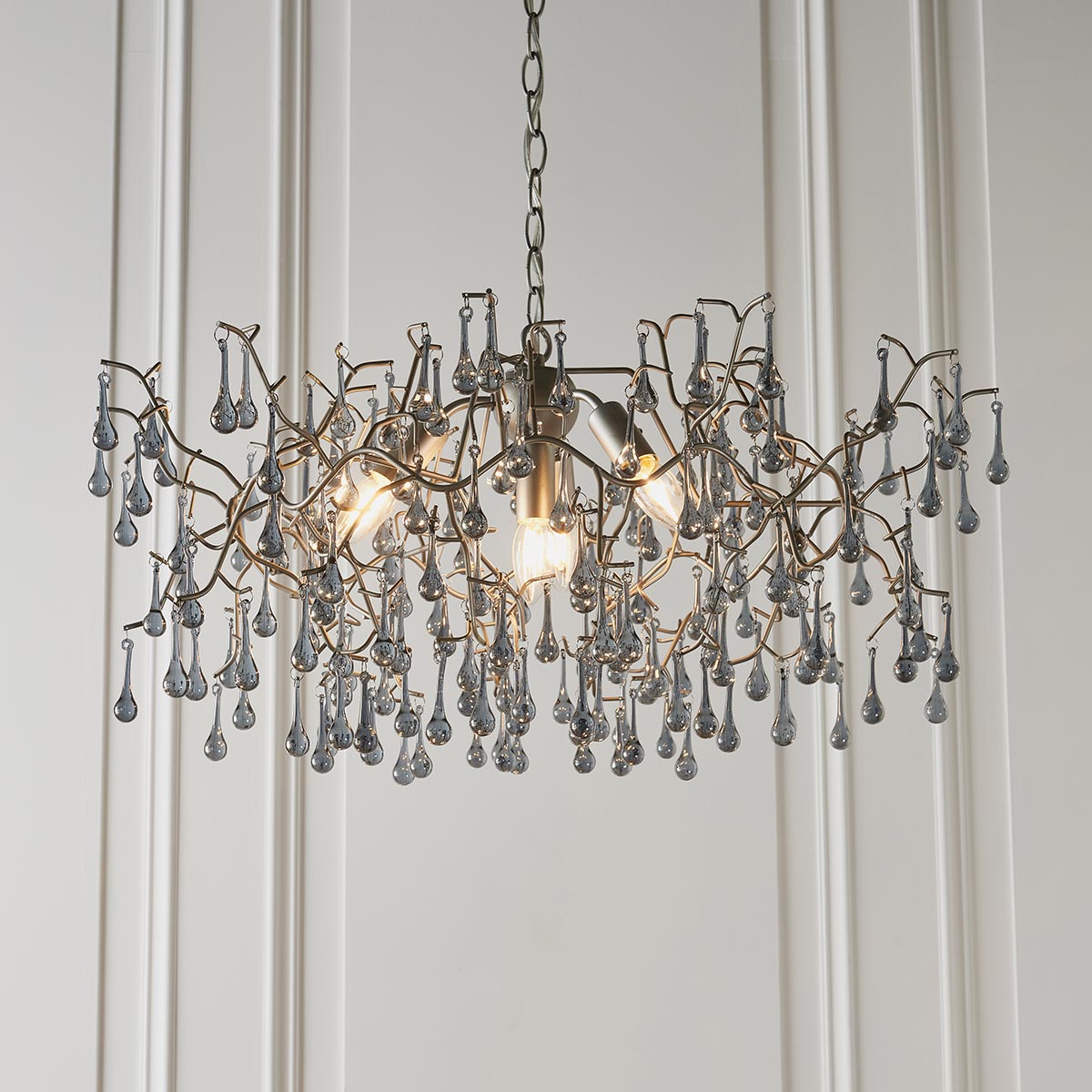 Aged Silver Finish Branch 4 Light Chandelier With Smoked Glass Drops