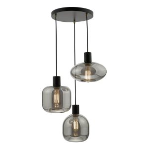 Aiden 3 light cluster pendant in satin black with smoked glass shades shown lit on white background