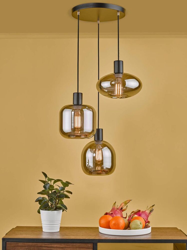 Dar Aiden 3 Light Cluster Pendant Satin Black Smoked Glass