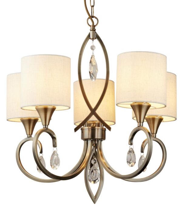 Alberto 5 Light Chandelier Antique Brass Linen Shades Crystal
