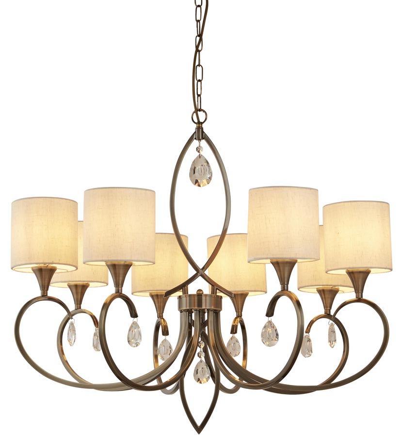 Alberto 8 Light Large Chandelier Antique Brass Linen Shades Crystal