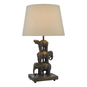 Alina elephant table lamp in antique bronze with taupe shade shown lit on white background