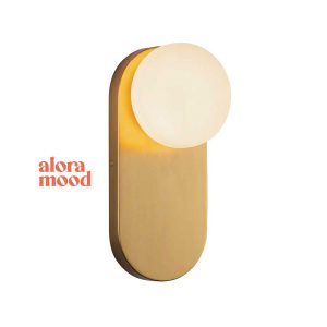 Alora Mood Ariel brushed gold single wall light with opal glass globe shade, on a white background.