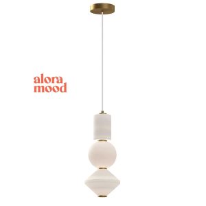 Alora Mood Bijou opal glass LED pendant with brushed gold detail, full height on a white background.