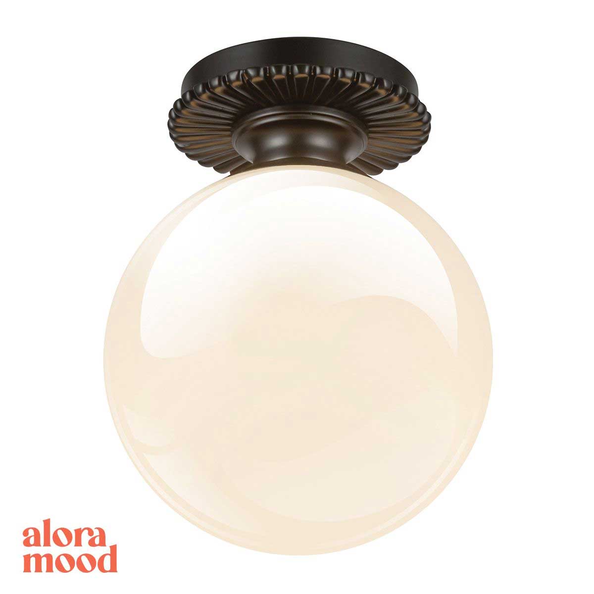 Alora Otis Matt Black Bathroom Flush with Opal Glass Globe