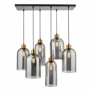 Alma 6 light cluster pendant in matt black with smoked glass shades on white background