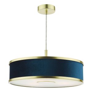 Dar Alvaro 3 light pendant in brushed brass with blue velvet fabric on white background lit