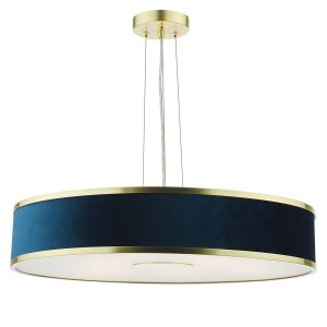 Alvaro 6 light pendant in brushed brass with blue velvet fabric on white background lit