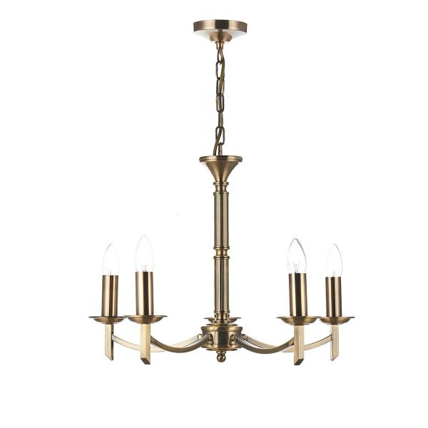 Ambassador 5 light dual mount chandelier in antique brass full height on white background