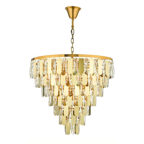 Amira luxury 12 light crystal chandelier in polished gold shown on white background