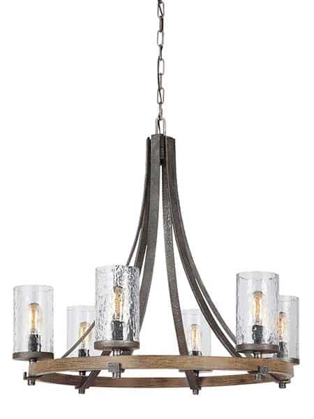 Modern style cartwheel 6 light chandelier with wooden frame and black metalwork on white background