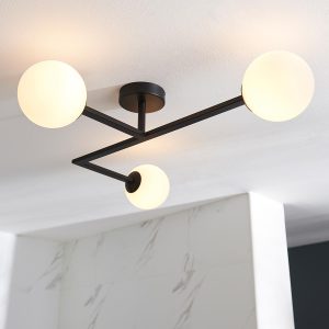 Angle modern 3 light bathroom ceiling flush in black with opal glass main image
