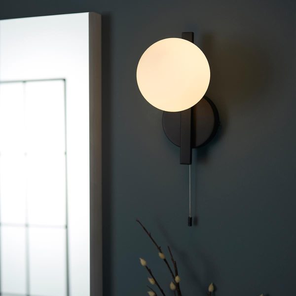 Angle modern switched bathroom wall light in black with opal glass main image