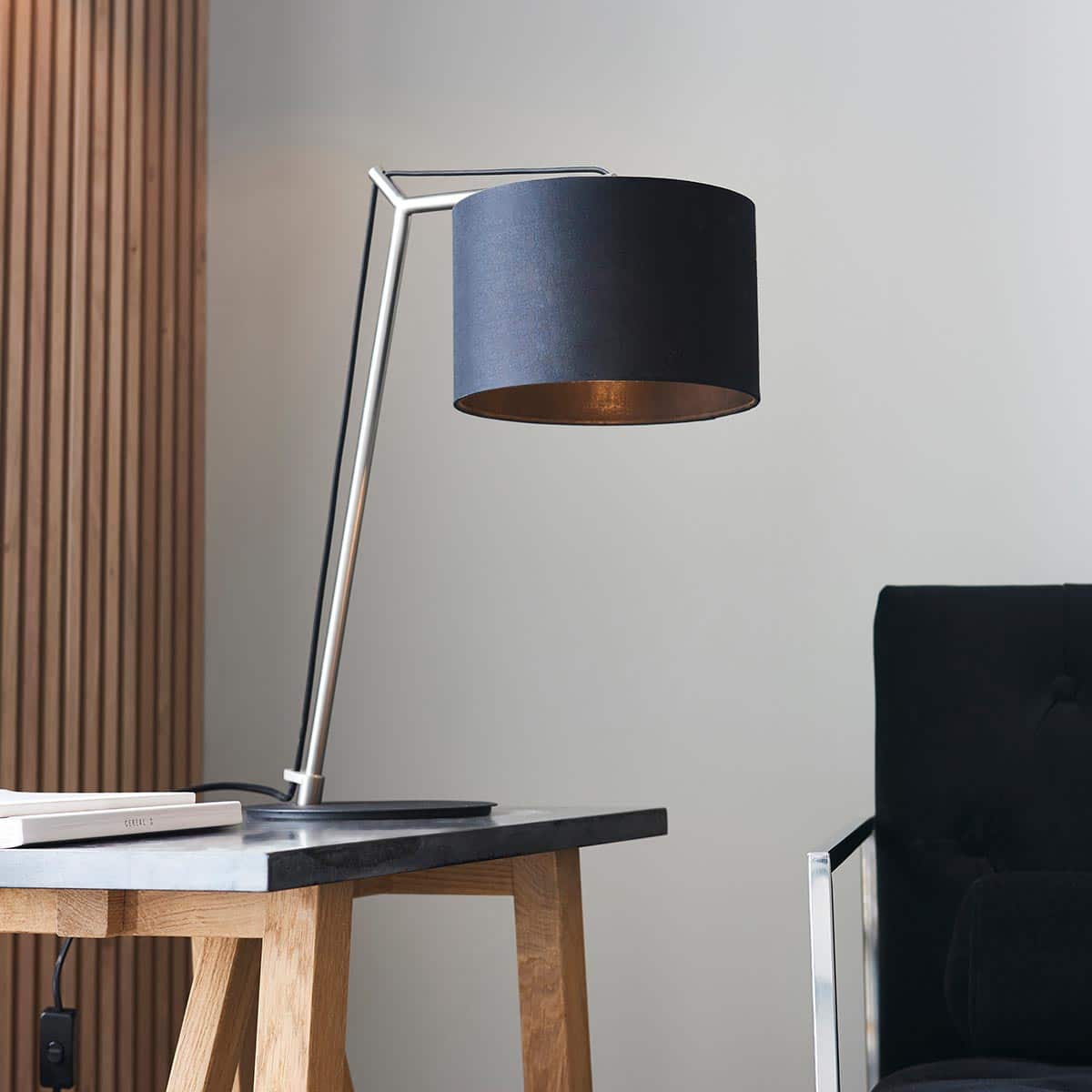 Angular Matt Nickel & Black 1 Light Architectural Table Lamp Black Shade