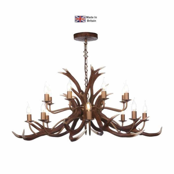 16 light large Antler chandelier in highland rustic finish on white background lit