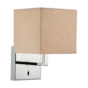 Anvil switched polished chrome wall light with taupe silk shade