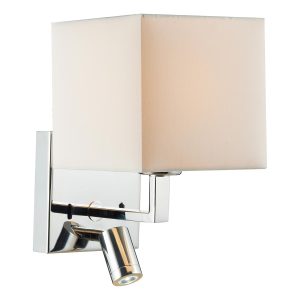 Anvil switched polished chrome wall light with LED reading light and ivory cotton shade on white background