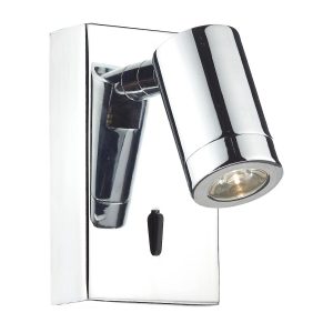Dar Anvil switched LED wall reading light in polished chrome on white background