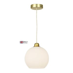 Apollo 1 light pendant in solid butter brass with opal glass bowl shade on white background lit