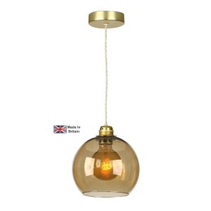 Apollo 1 light pendant in solid butter brass with amber glass bowl shade on white background lit