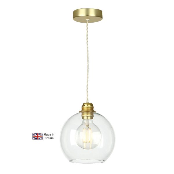 Apollo 1 light pendant in solid butter brass with clear glass bowl shade on white background lit