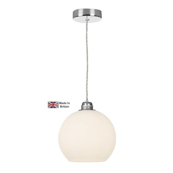 Apollo 1 light pendant in polished chrome with opal glass bowl shade on white background lit