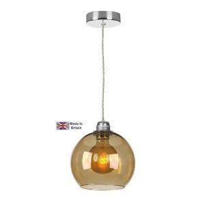 Apollo 1 light pendant in polished chrome with amber glass bowl shade on white background lit