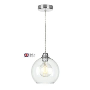 Apollo 1 light pendant in polished chrome with clear glass bowl shade on white background lit