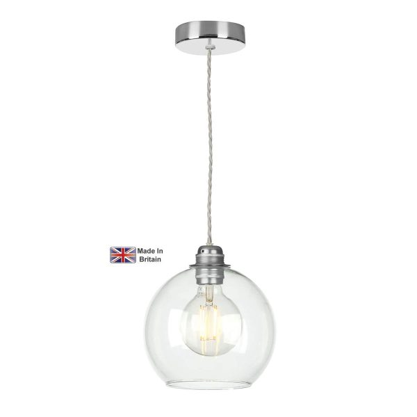 Apollo 1 light pendant in polished chrome with clear glass bowl shade on white background lit
