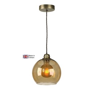 Apollo 1 light pendant in solid antique brass with amber glass bowl shade on white background lit