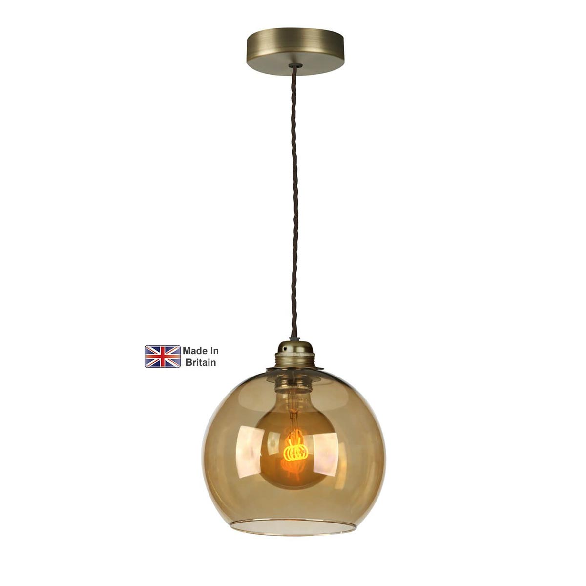 Apollo 1 Light Pendant Solid Antique Brass Amber Glass Shade