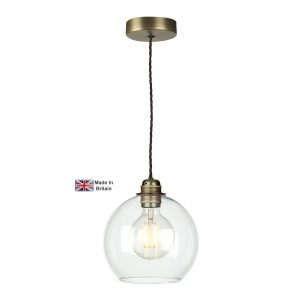 Apollo 1 light pendant in solid antique brass with clear glass bowl shade on white background lit