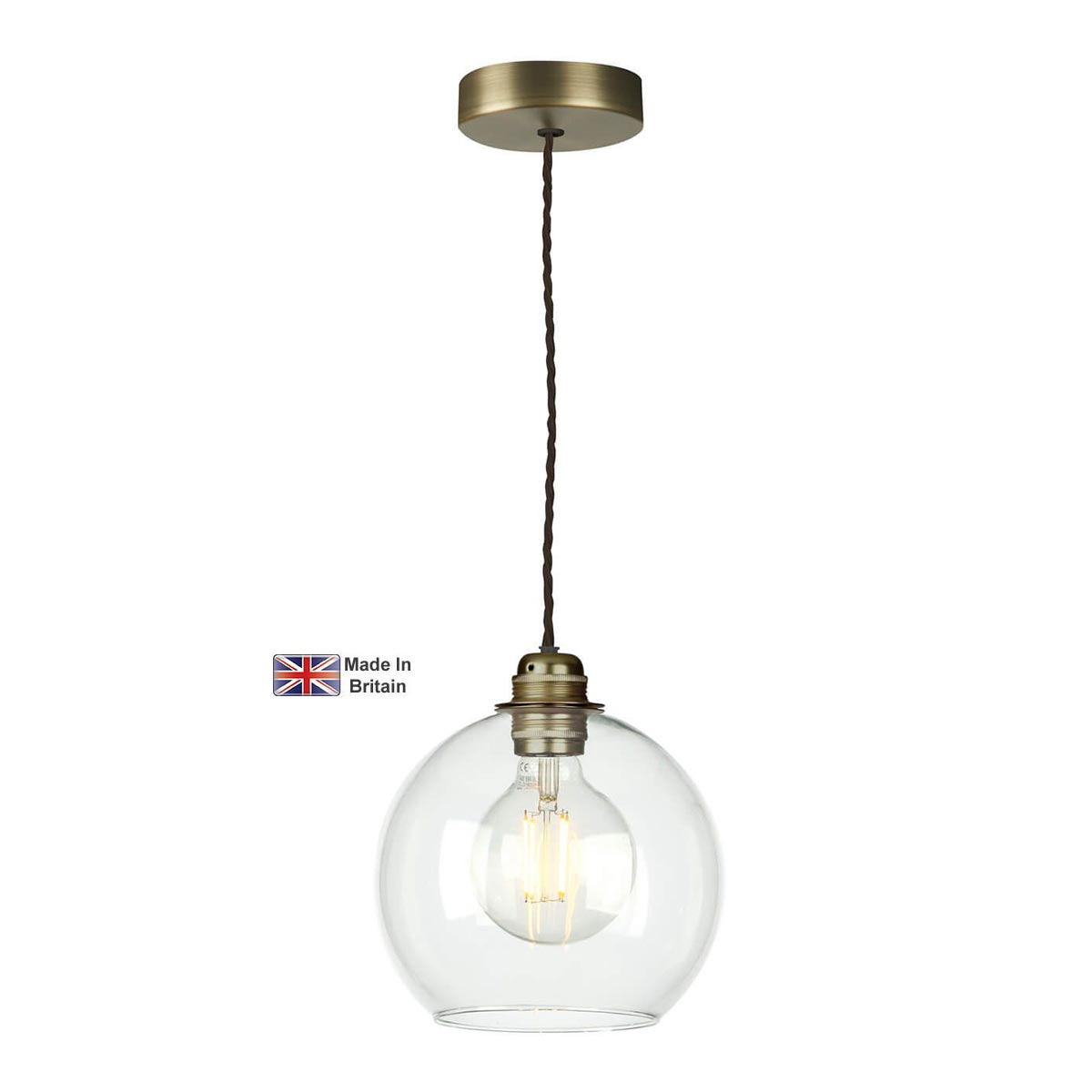 Apollo 1 Light Pendant Solid Antique Brass Clear Glass Shade