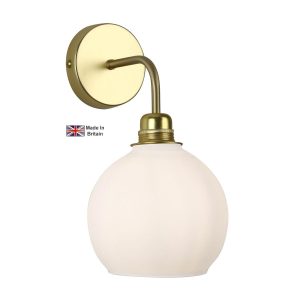 Apollo 1 light solid butter brass single wall light with opal glass shade on white background lit