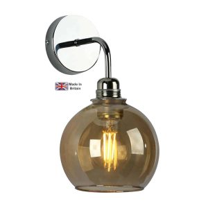 Apollo 1 light polished chrome single wall light with amber glass shade on white background lit