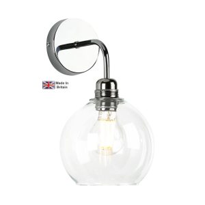 Apollo 1 light polished chrome wall light with clear glass shade on white background lit