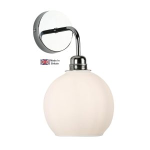 Apollo 1 light polished chrome single wall light with opal glass shade on white background lit