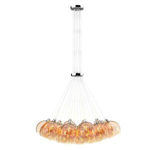 Apollo 19 light large cluster pendant in polished chrome with amber glass shades on white background lit